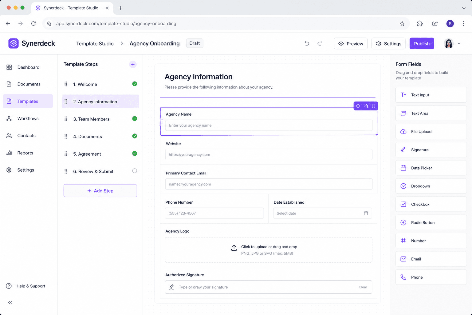 Synerdeck template studio Synerdeck template studio for building reusable client onboarding workflows with drag-and-drop fields